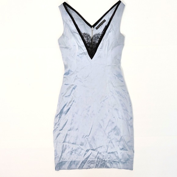 Oday Shakar Dresses & Skirts - Oday Shakar Silk Mini Dress Lace Trim V-Neck Blue Black Size XS